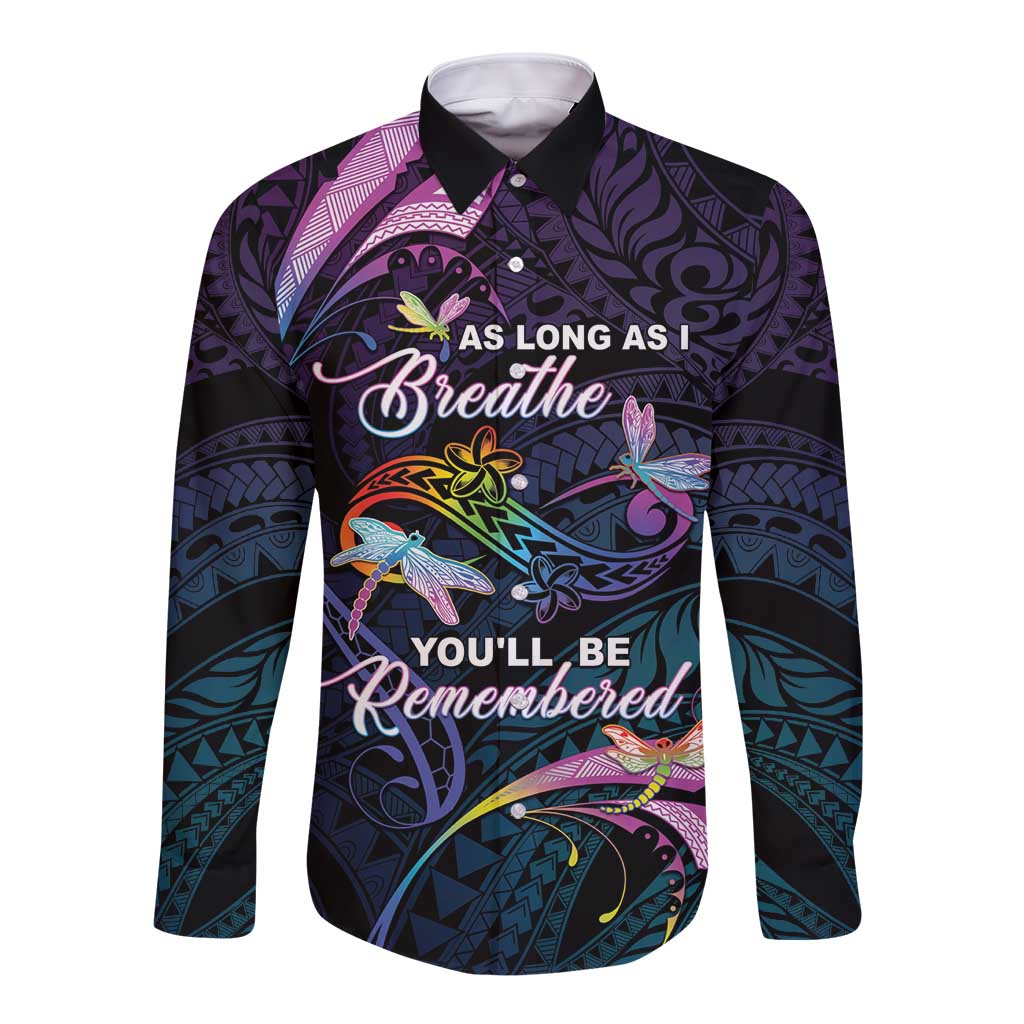 Personalised Polynesia Memorial Long Sleeve Button Shirt Always Remembered Dragonfly Polynesian Style