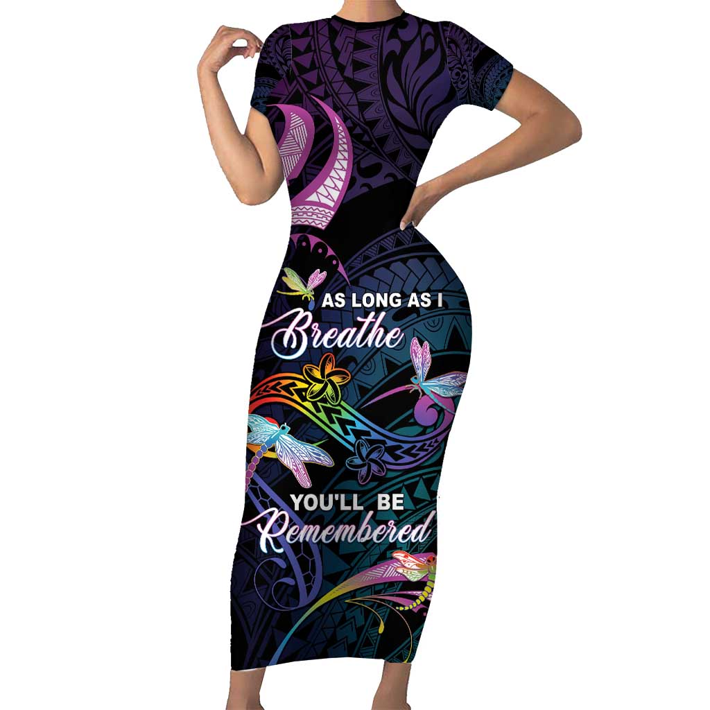 Personalised Polynesia Memorial Short Sleeve Bodycon Dress Always Remembered Dragonfly Polynesian Style