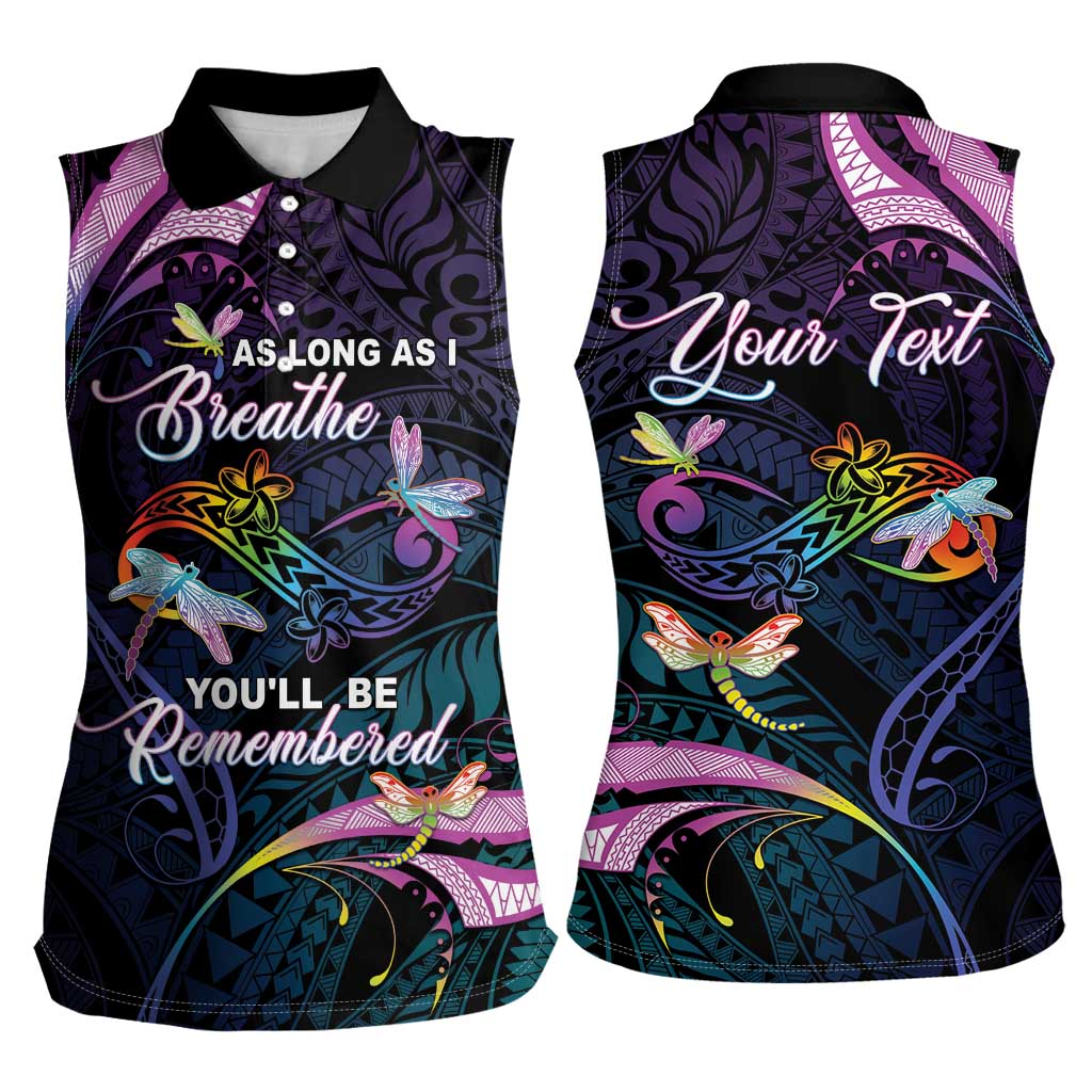 Personalised Polynesia Memorial Women Sleeveless Polo Shirt Always Remembered Dragonfly Polynesian Style
