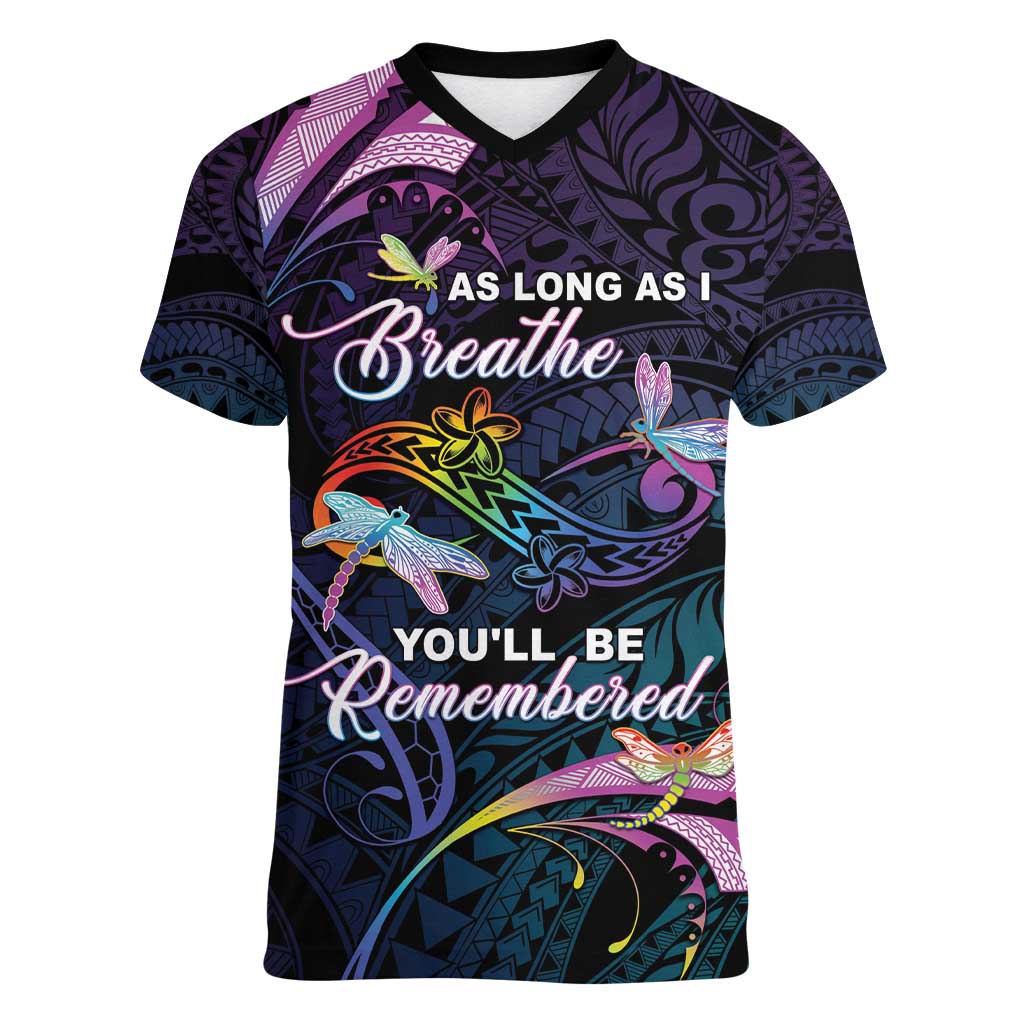 Personalised Polynesia Memorial Women V-Neck T-Shirt Always Remembered Dragonfly Polynesian Style LT05 Female Colorful - Polynesian Pride