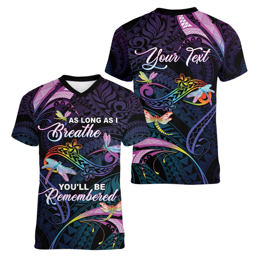 Personalised Polynesia Memorial Women V-Neck T-Shirt Always Remembered Dragonfly Polynesian Style LT05 - Polynesian Pride