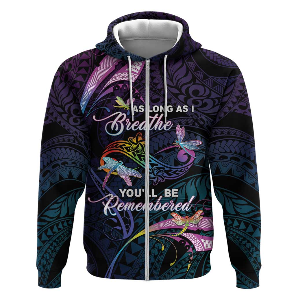 Personalised Polynesia Memorial Zip Hoodie Always Remembered Dragonfly Polynesian Style