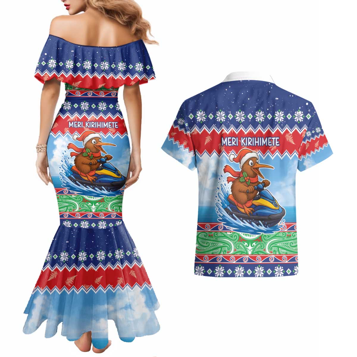 New Zealand Christmas Couples Matching Mermaid Dress and Hawaiian Shirt Funny Jet Ride Kiwi Xmas - Polynesian Pride