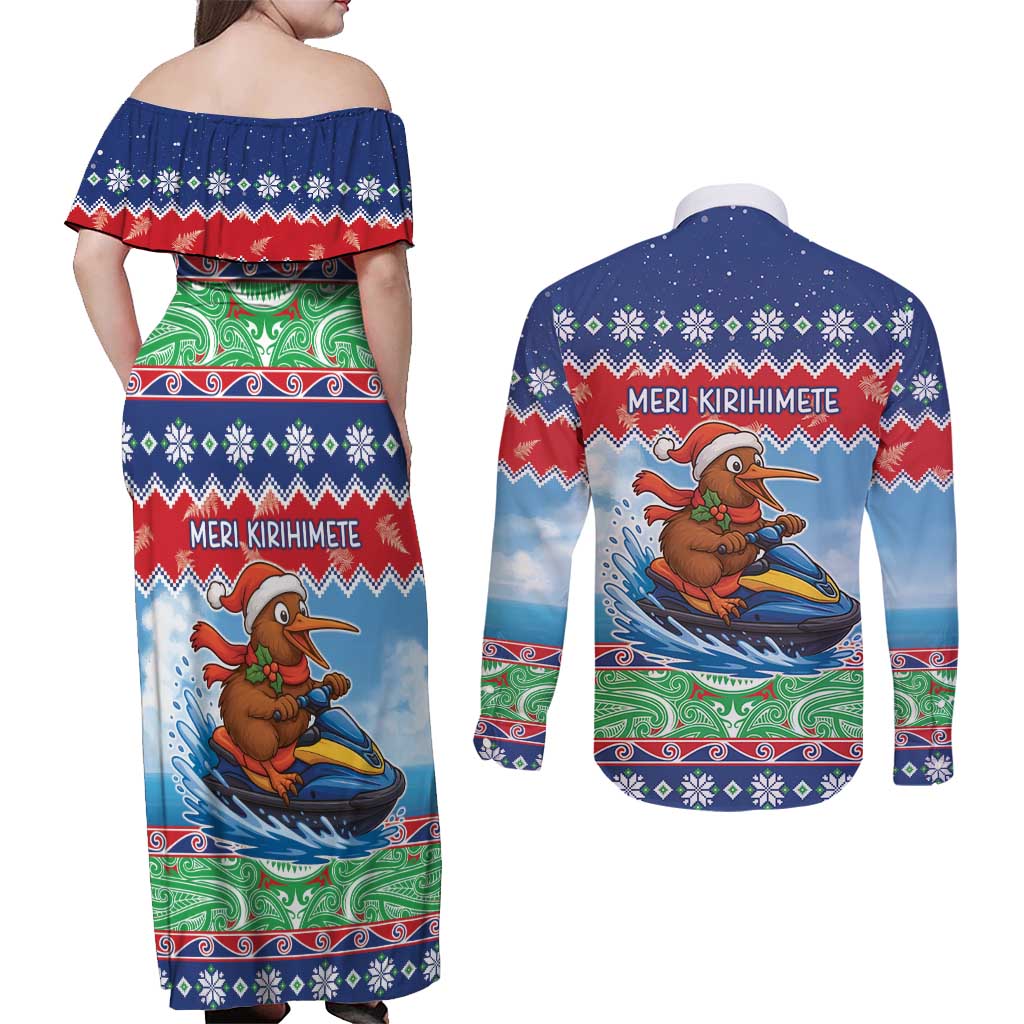 New Zealand Christmas Couples Matching Off Shoulder Maxi Dress and Long Sleeve Button Shirt Funny Jet Ride Kiwi Xmas - Polynesian Pride