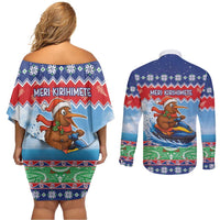 New Zealand Christmas Couples Matching Off Shoulder Short Dress and Long Sleeve Button Shirt Funny Jet Ride Kiwi Xmas - Polynesian Pride