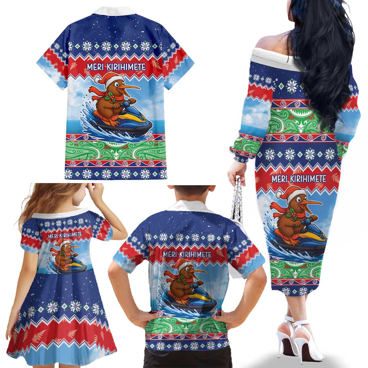 New Zealand Christmas Family Matching Off The Shoulder Long Sleeve Dress and Hawaiian Shirt Funny Jet Ride Kiwi Xmas - Polynesian Pride