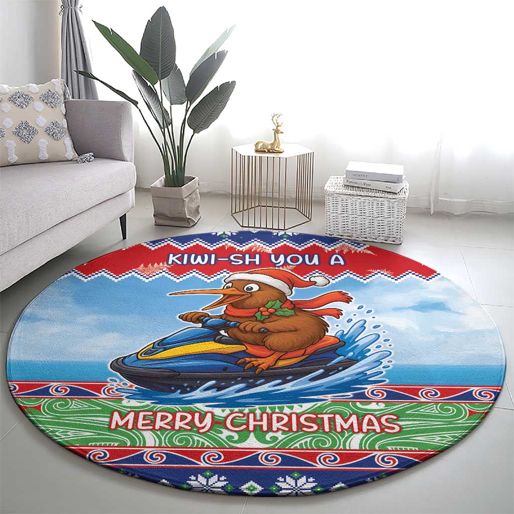 New Zealand Christmas Round Carpet Funny Jet Ride Kiwi Xmas - Polynesian Pride