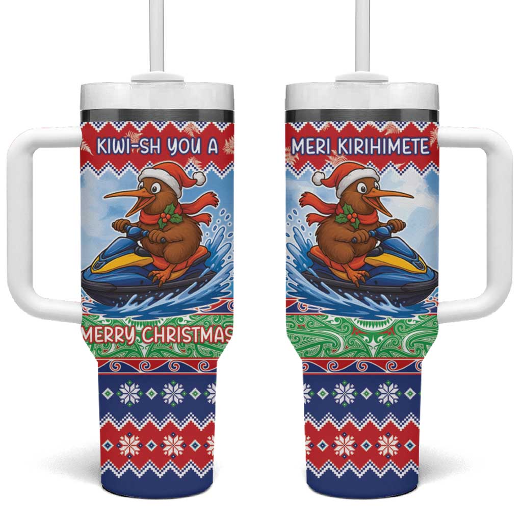 New Zealand Christmas Tumbler With Handle Funny Jet Ride Kiwi Xmas - Polynesian Pride