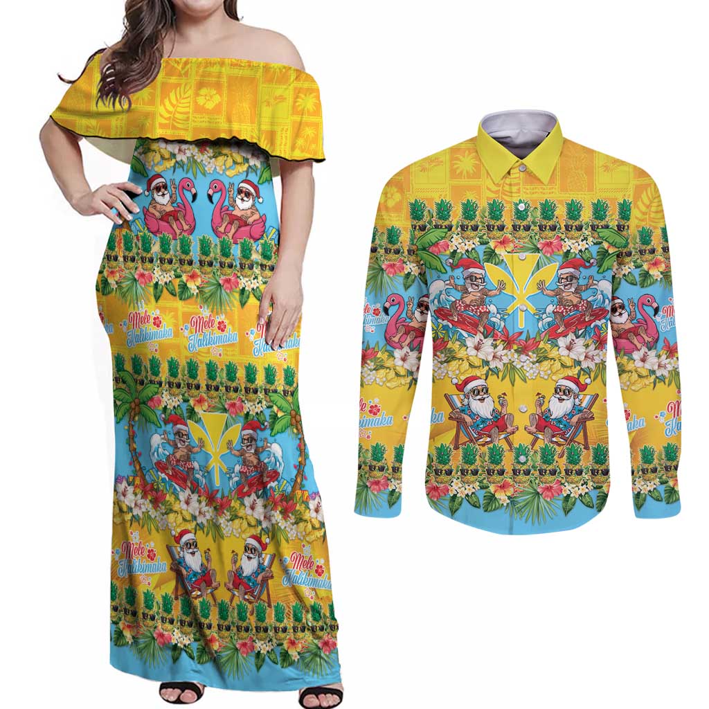 Hawaii Christmas Couples Matching Off Shoulder Maxi Dress and Long Sleeve Button Shirt Mele Kalikimaka Tropical Vibes - Polynesian Pride