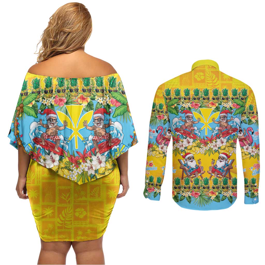 Hawaii Christmas Couples Matching Off Shoulder Short Dress and Long Sleeve Button Shirt Mele Kalikimaka Tropical Vibes - Polynesian Pride