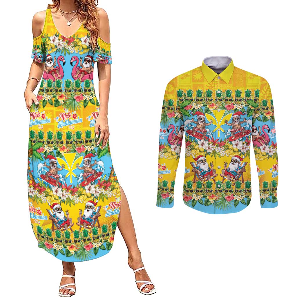 Hawaii Christmas Couples Matching Summer Maxi Dress and Long Sleeve Button Shirt Mele Kalikimaka Tropical Vibes - Polynesian Pride