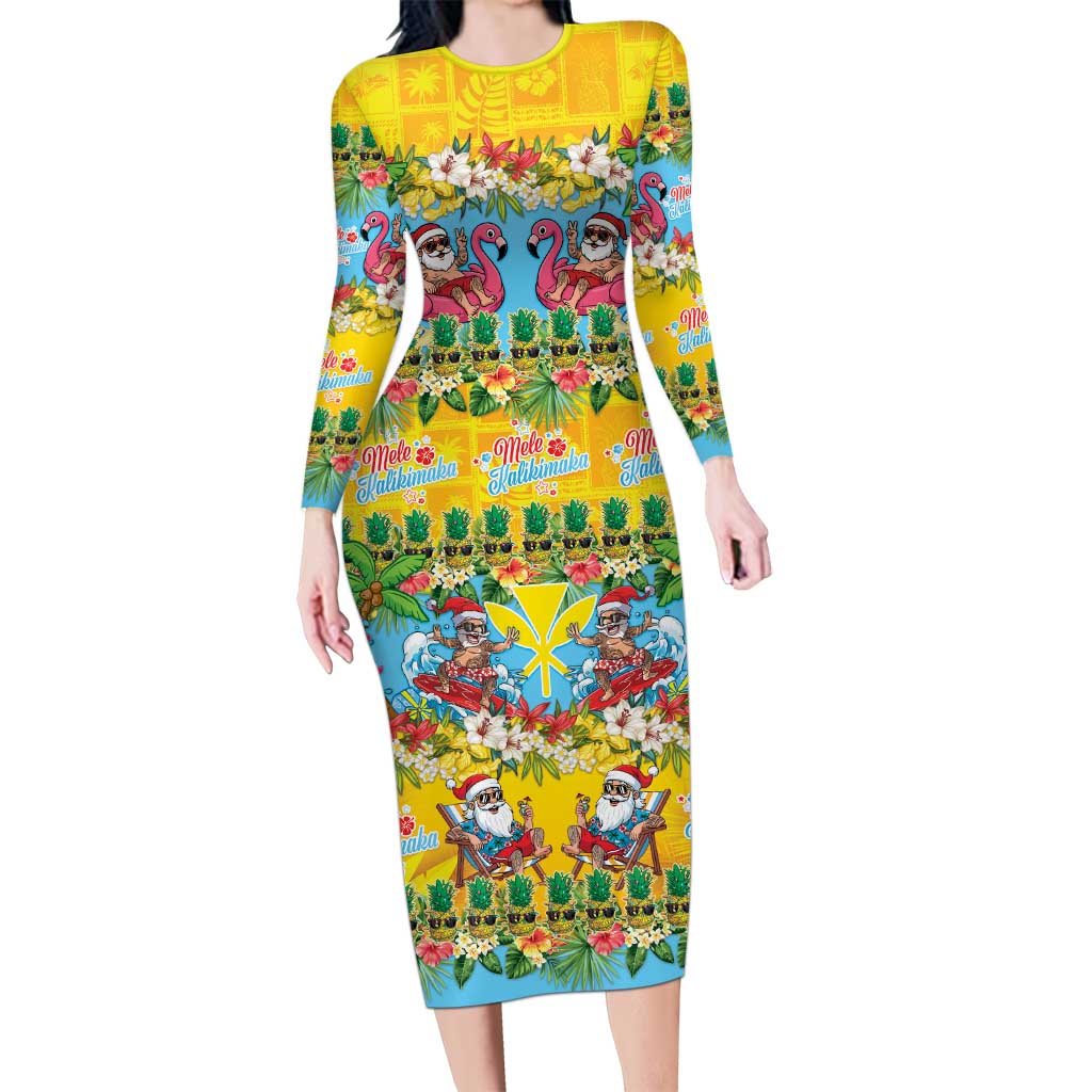 Hawaii Christmas Long Sleeve Bodycon Dress Mele Kalikimaka Tropical Vibes - Polynesian Pride