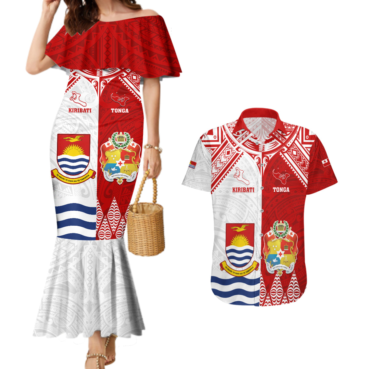 Personalised Tonga And Kiribati Couples Matching Mermaid Dress and Hawaiian Shirt Coat Of Arms Polynesian Pattern LT05 Red - Polynesian Pride