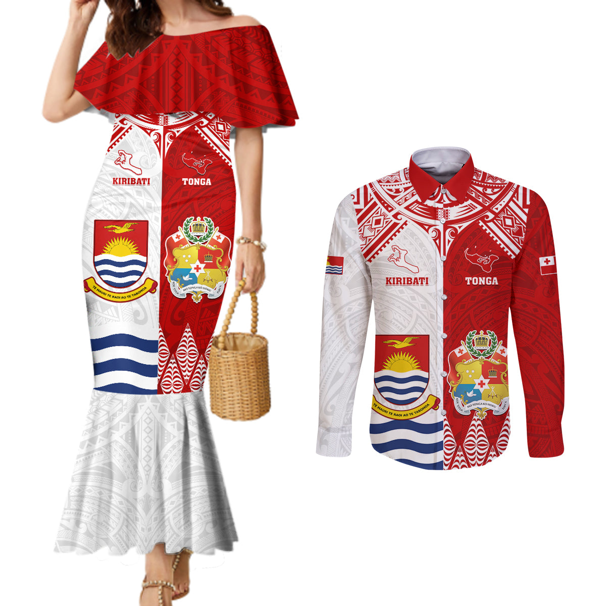 Personalised Tonga And Kiribati Couples Matching Mermaid Dress and Long Sleeve Button Shirt Coat Of Arms Polynesian Pattern LT05 Red - Polynesian Pride