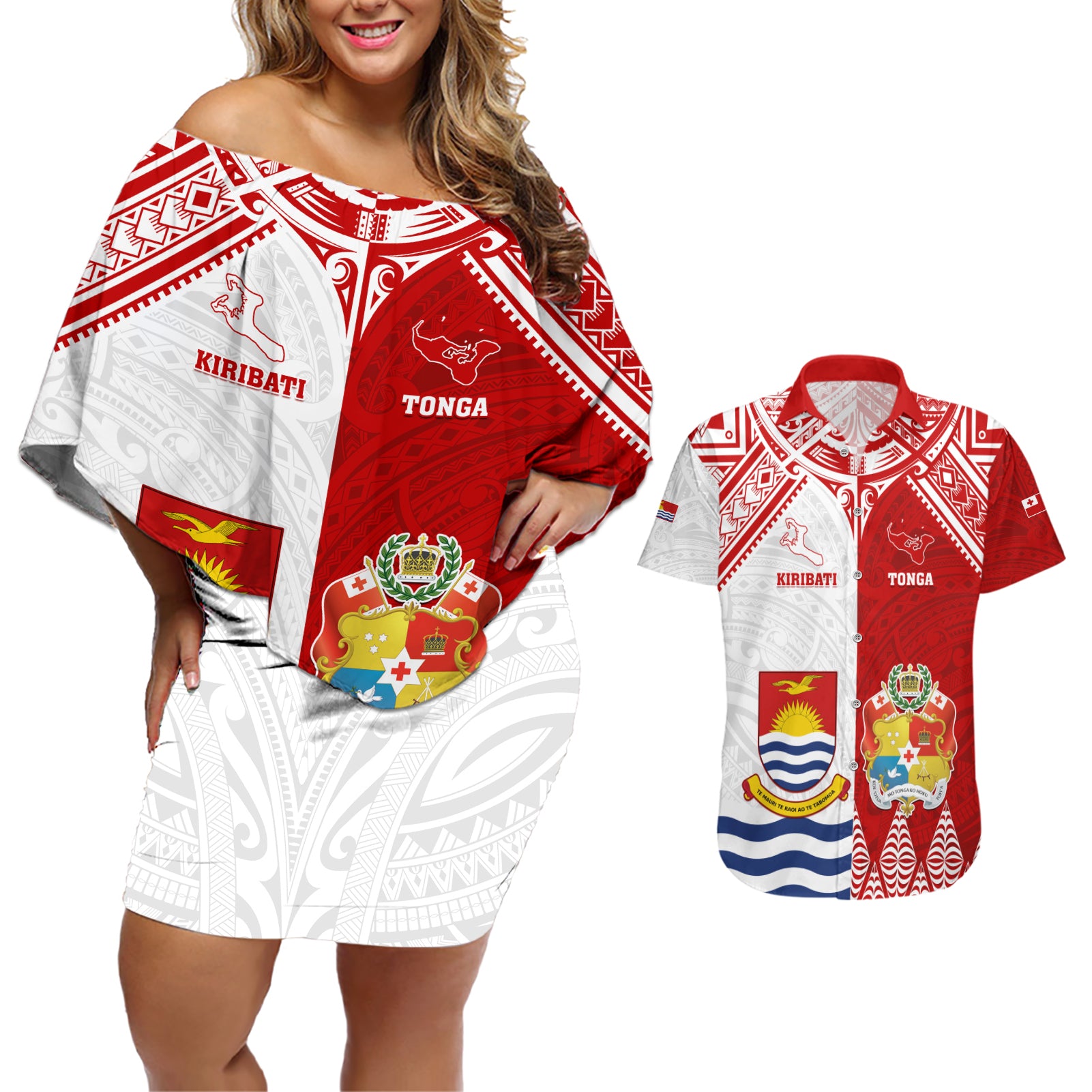 Personalised Tonga And Kiribati Couples Matching Off Shoulder Short Dress and Hawaiian Shirt Coat Of Arms Polynesian Pattern LT05 Red - Polynesian Pride