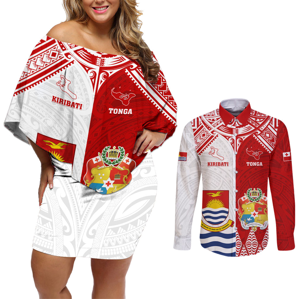 Personalised Tonga And Kiribati Couples Matching Off Shoulder Short Dress and Long Sleeve Button Shirt Coat Of Arms Polynesian Pattern LT05 Red - Polynesian Pride