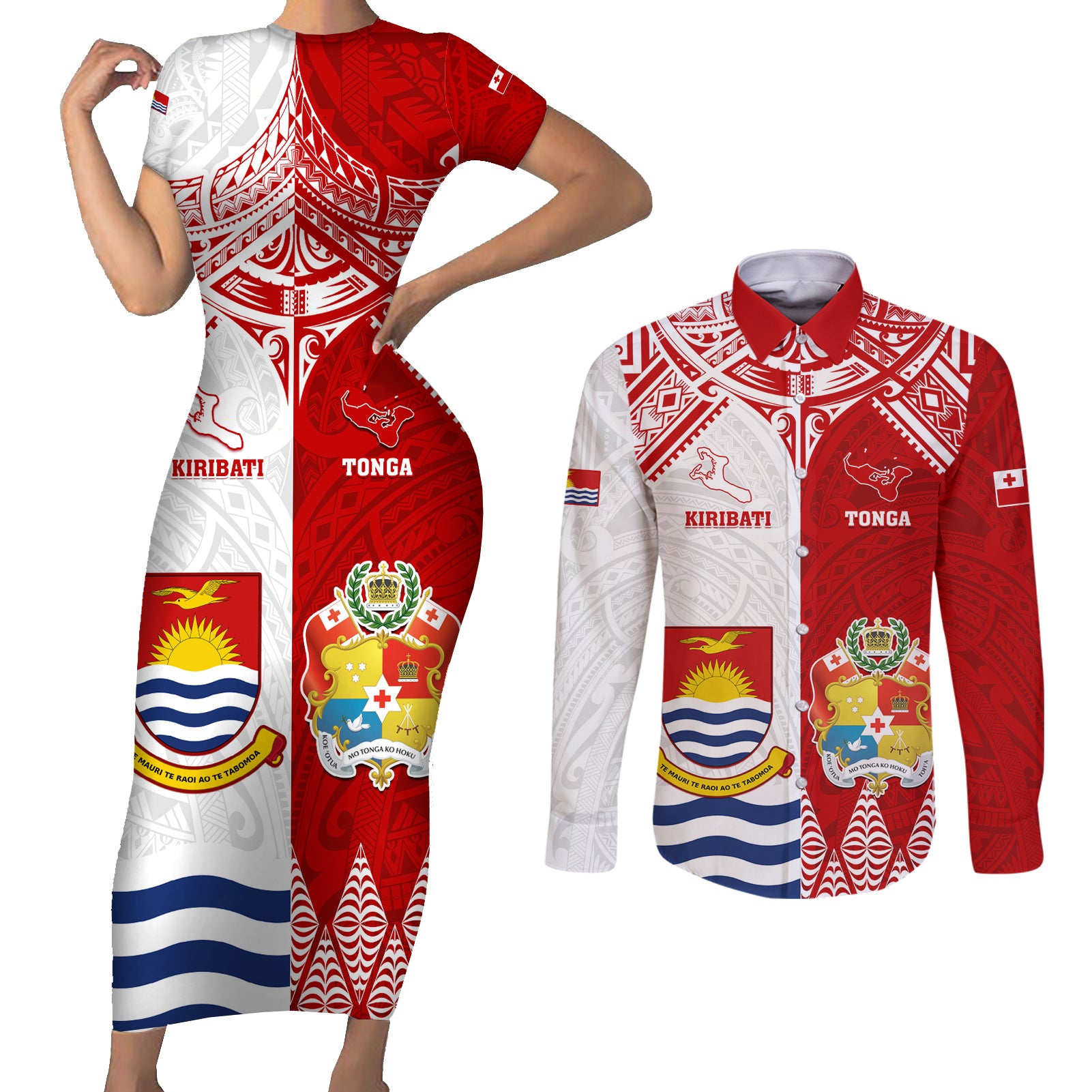 Personalised Tonga And Kiribati Couples Matching Short Sleeve Bodycon Dress and Long Sleeve Button Shirt Coat Of Arms Polynesian Pattern LT05 Red - Polynesian Pride