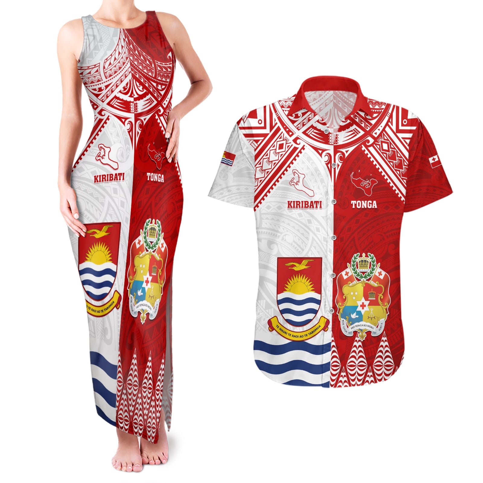 Personalised Tonga And Kiribati Couples Matching Tank Maxi Dress and Hawaiian Shirt Coat Of Arms Polynesian Pattern LT05 Red - Polynesian Pride