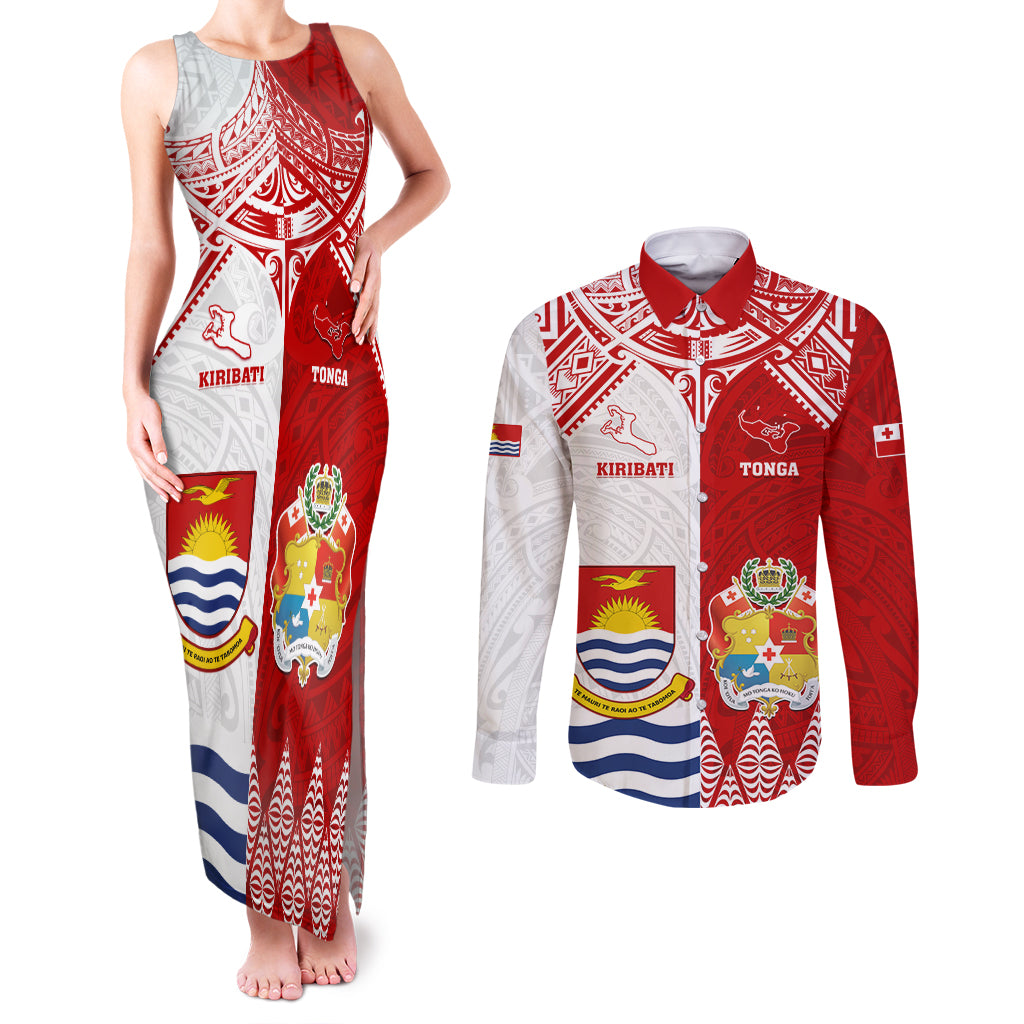 Personalised Tonga And Kiribati Couples Matching Tank Maxi Dress and Long Sleeve Button Shirt Coat Of Arms Polynesian Pattern LT05 Red - Polynesian Pride