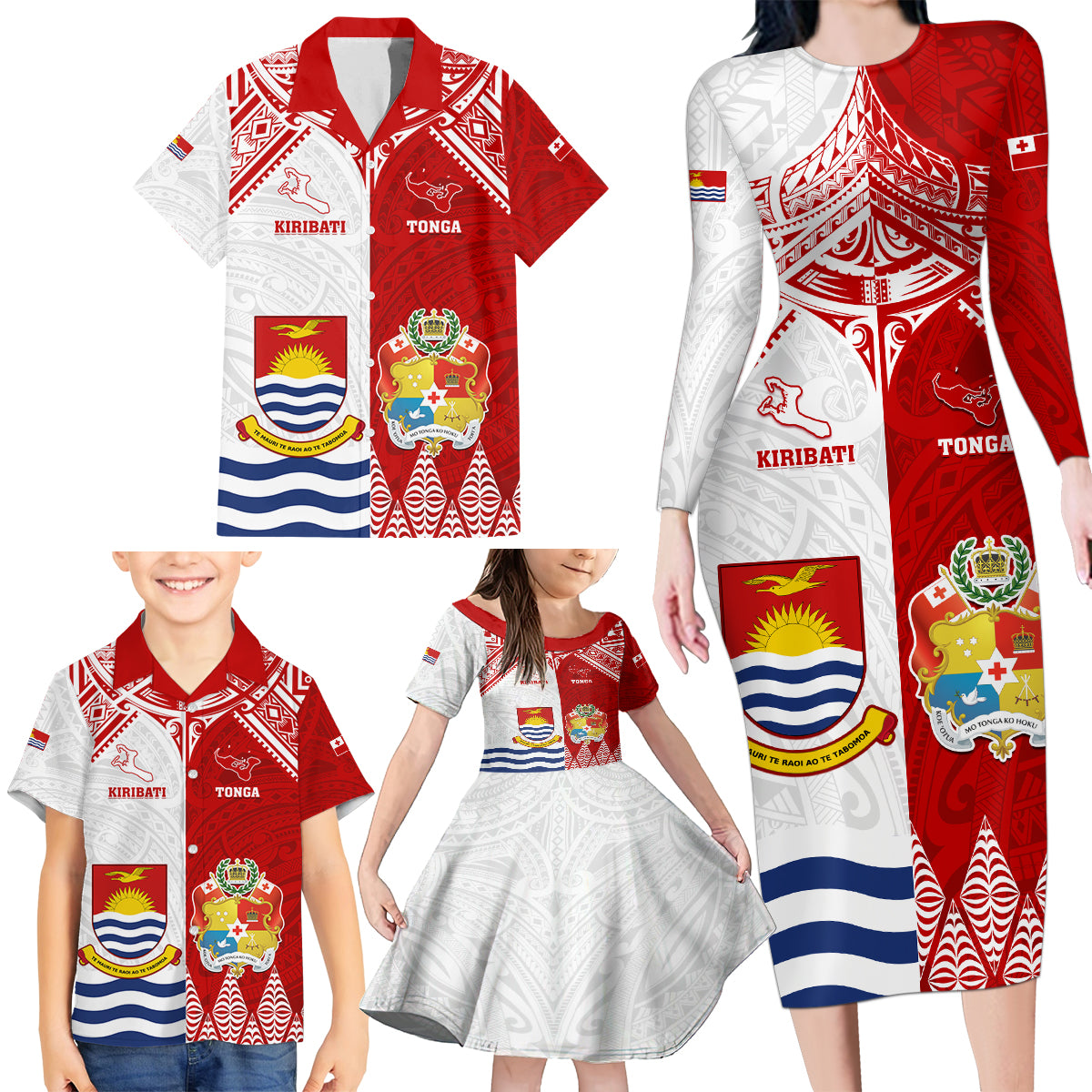 Personalised Tonga And Kiribati Family Matching Long Sleeve Bodycon Dress and Hawaiian Shirt Coat Of Arms Polynesian Pattern LT05 - Polynesian Pride