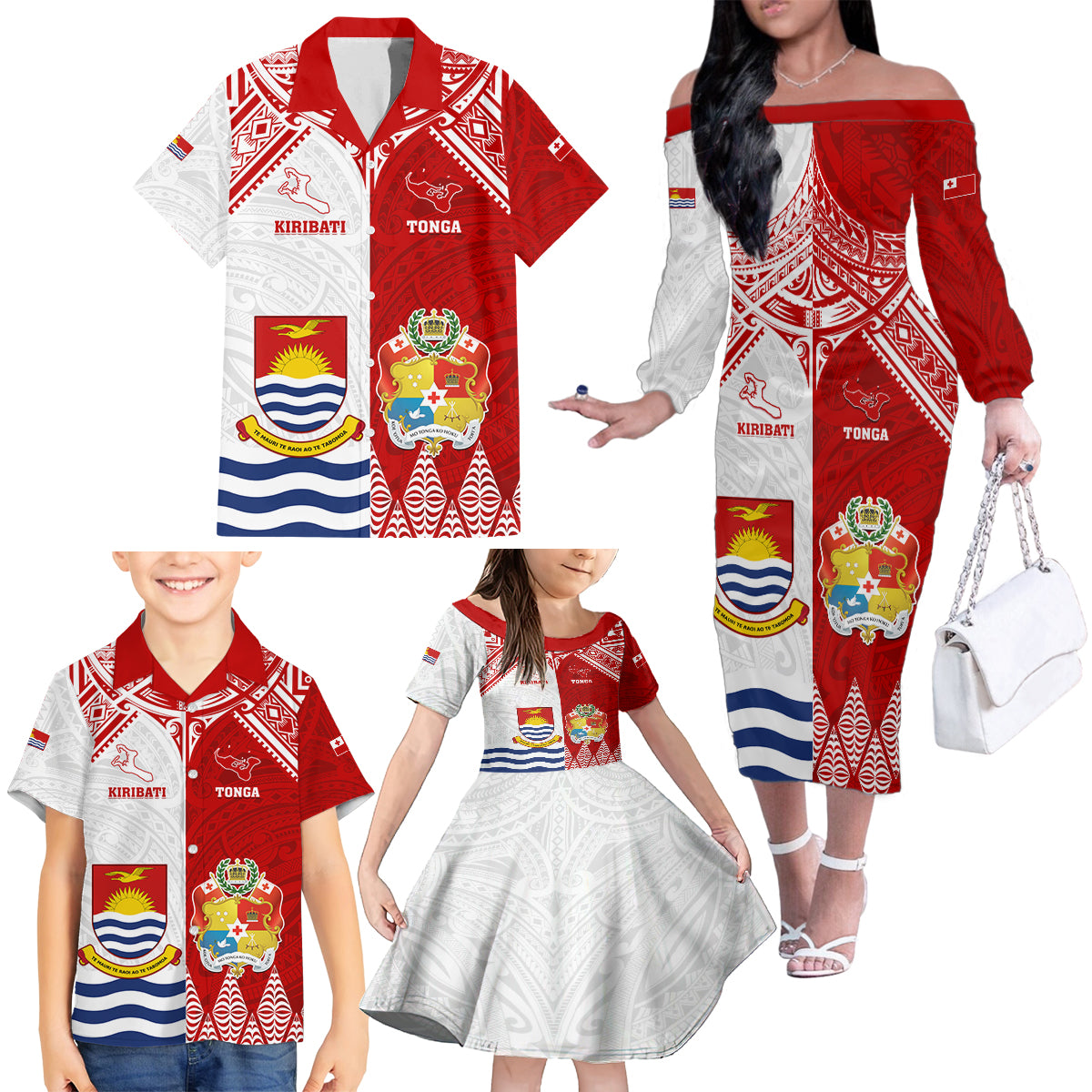 Personalised Tonga And Kiribati Family Matching Off Shoulder Long Sleeve Dress and Hawaiian Shirt Coat Of Arms Polynesian Pattern LT05 - Polynesian Pride