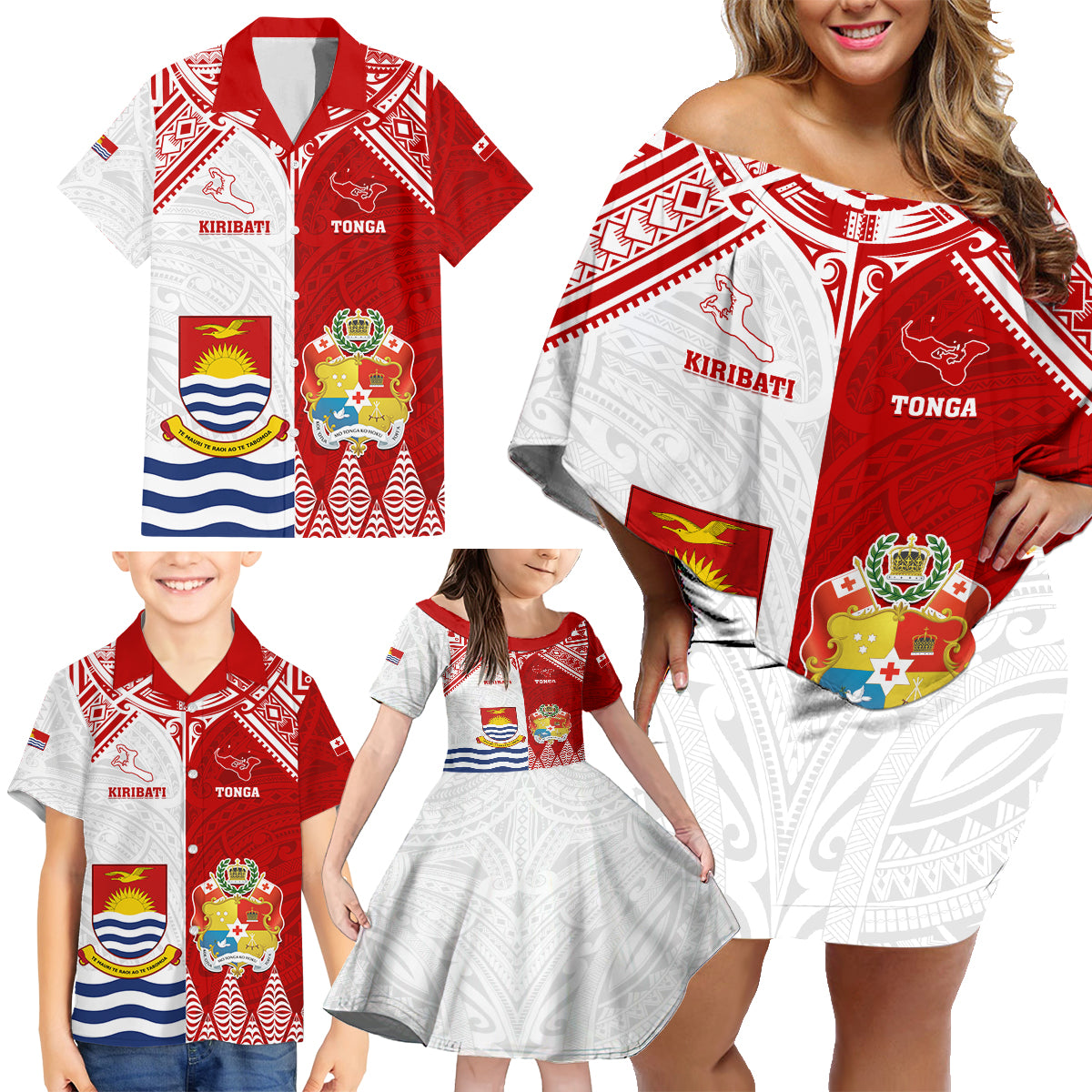 Personalised Tonga And Kiribati Family Matching Off Shoulder Short Dress and Hawaiian Shirt Coat Of Arms Polynesian Pattern LT05 - Polynesian Pride