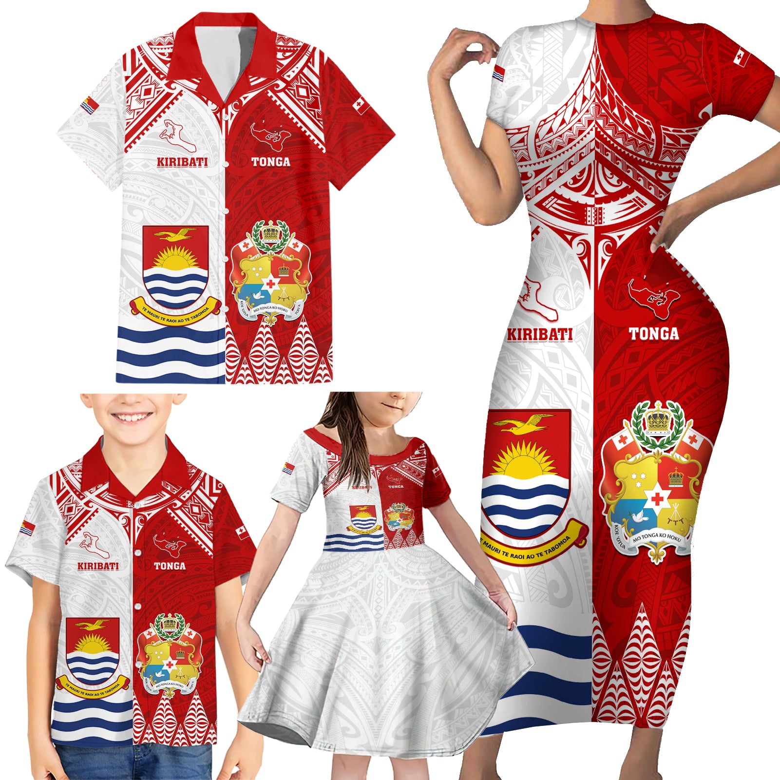 Personalised Tonga And Kiribati Family Matching Short Sleeve Bodycon Dress and Hawaiian Shirt Coat Of Arms Polynesian Pattern LT05 - Polynesian Pride