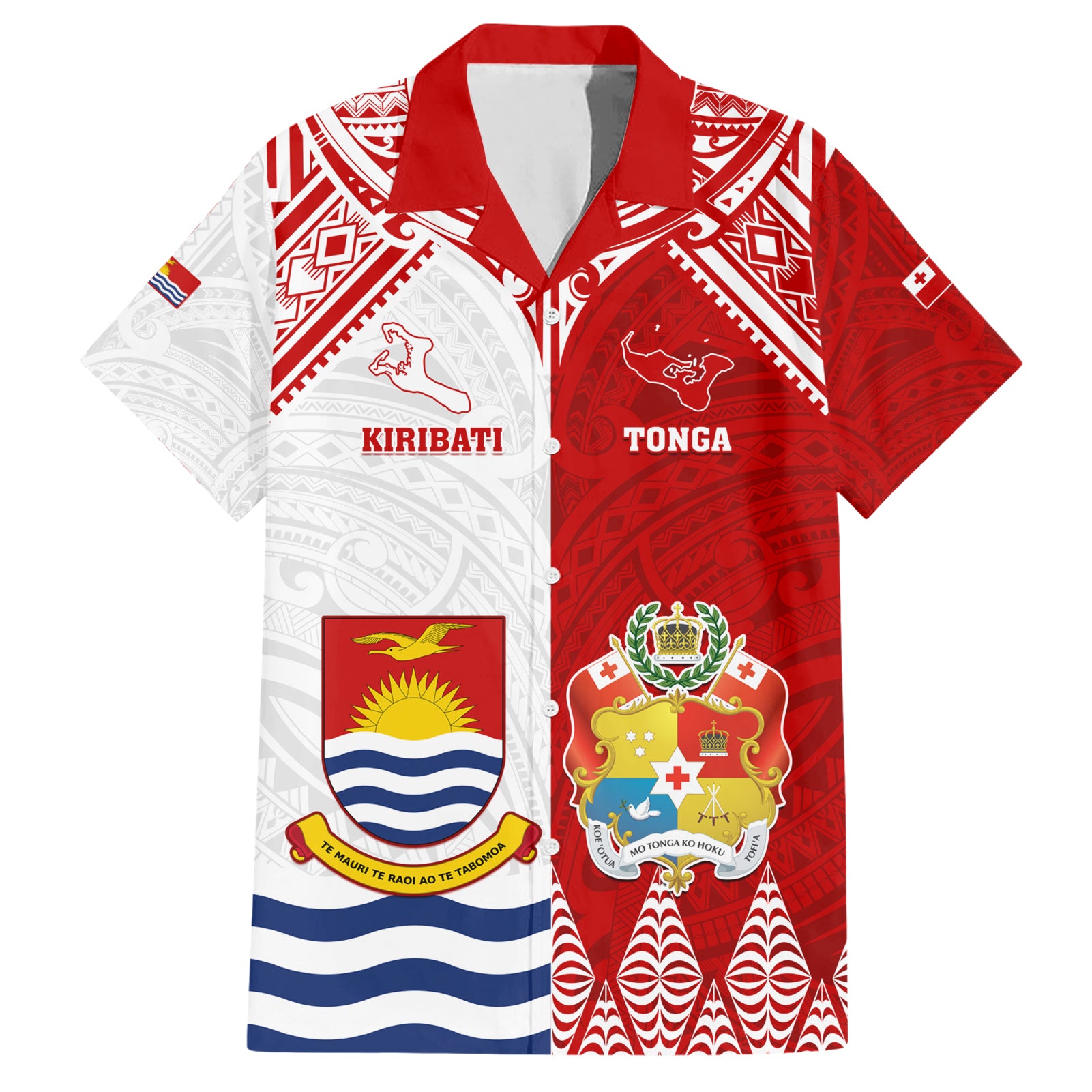 Personalised Tonga And Kiribati Hawaiian Shirt Coat Of Arms Polynesian Pattern LT05 Red - Polynesian Pride