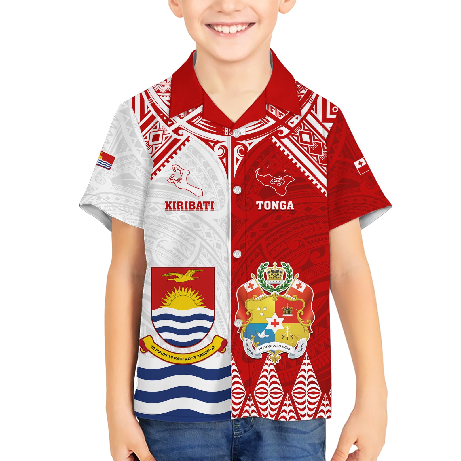 Personalised Tonga And Kiribati Kid Hawaiian Shirt Coat Of Arms Polynesian Pattern LT05 Kid Red - Polynesian Pride