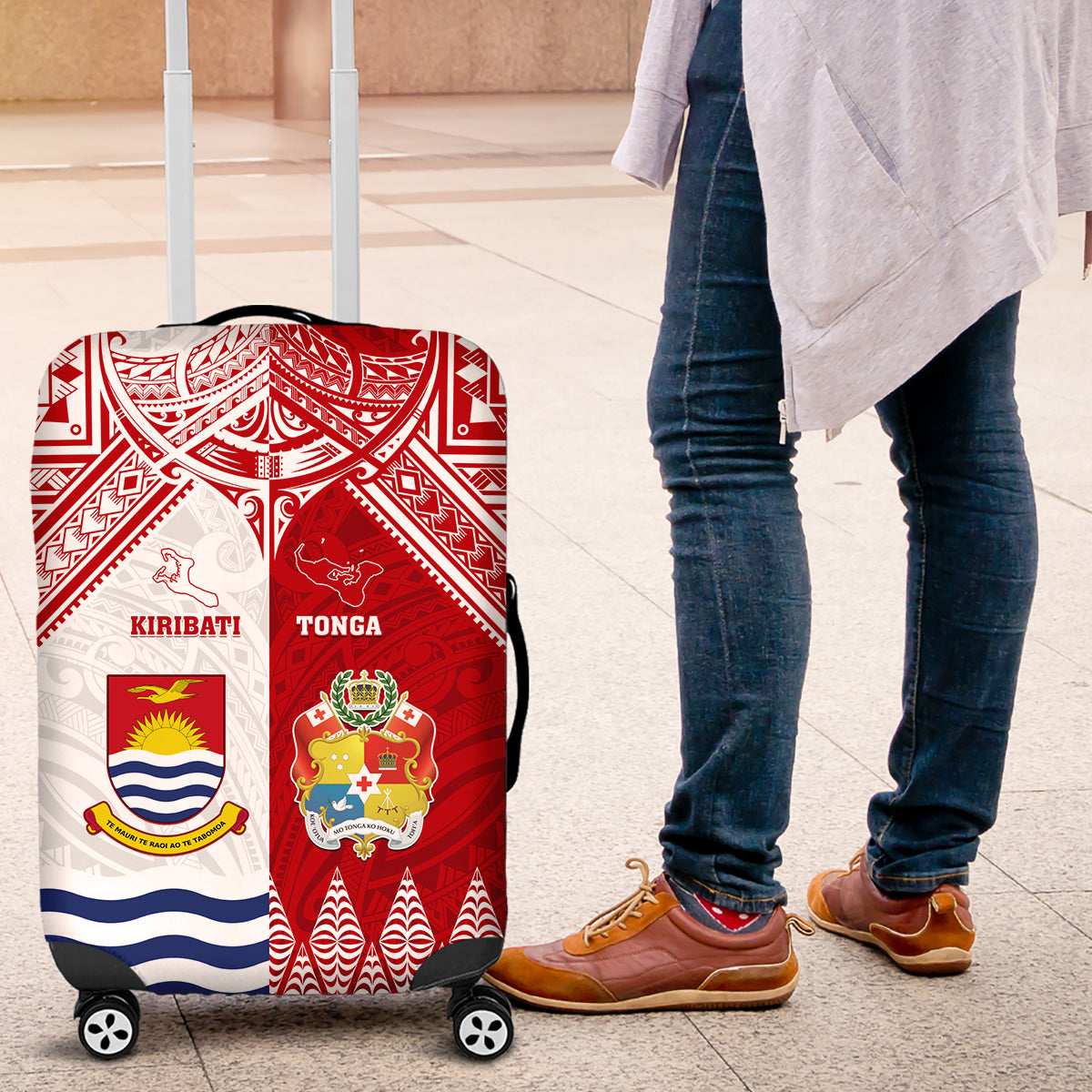 Tonga And Kiribati Luggage Cover Coat Of Arms Polynesian Pattern LT05 Red - Polynesian Pride