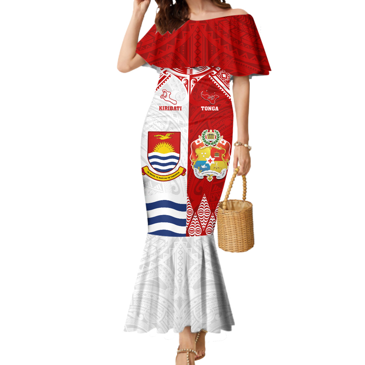 Personalised Tonga And Kiribati Mermaid Dress Coat Of Arms Polynesian Pattern LT05 Women Red - Polynesian Pride