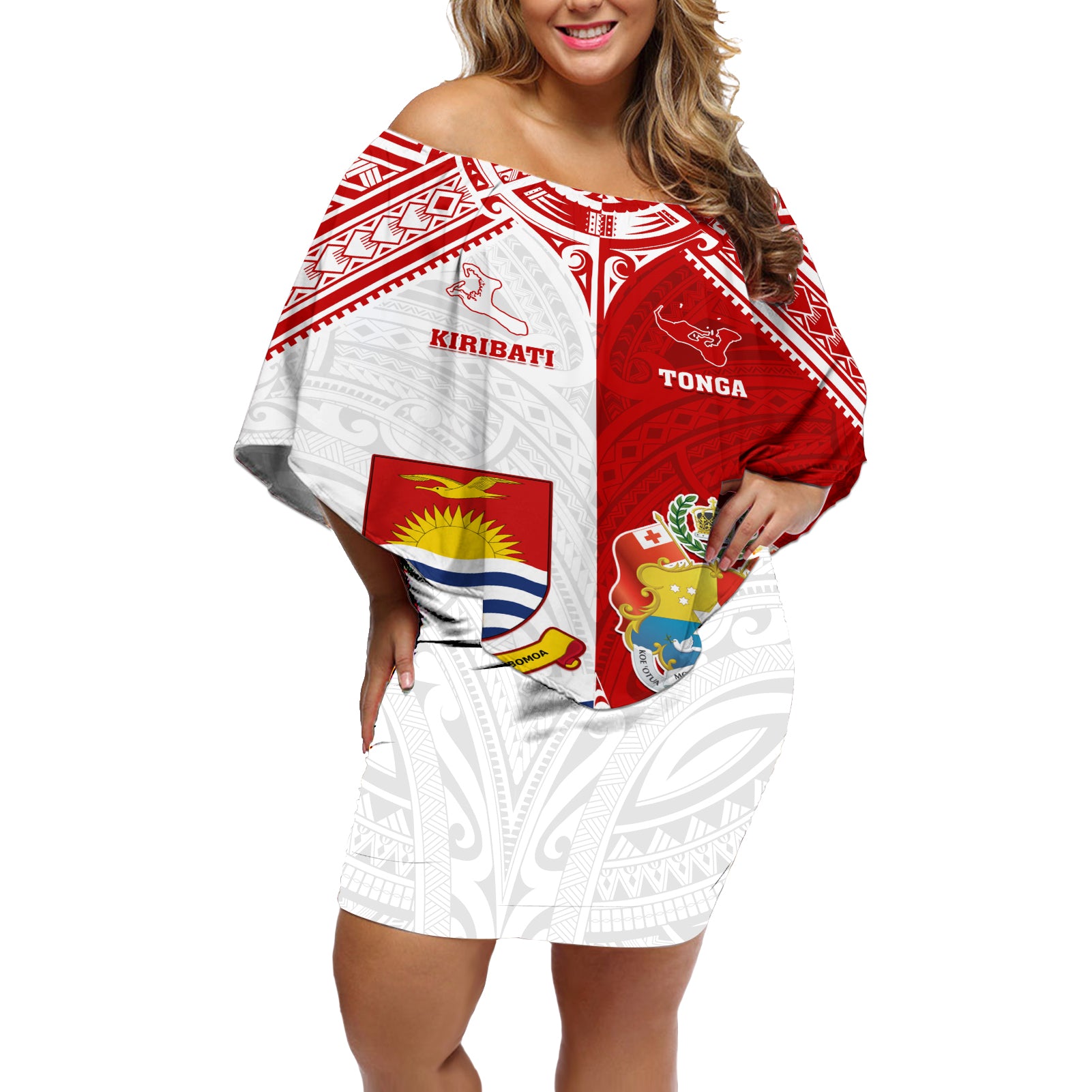 Personalised Tonga And Kiribati Off Shoulder Short Dress Coat Of Arms Polynesian Pattern LT05 Women Red - Polynesian Pride