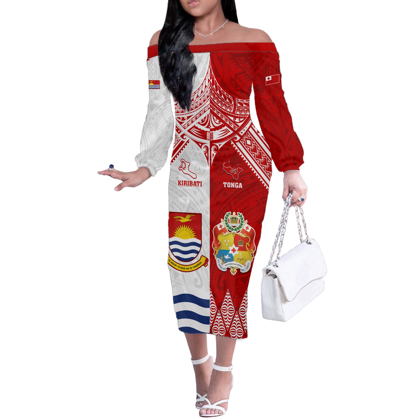 Personalised Tonga And Kiribati Off The Shoulder Long Sleeve Dress Coat Of Arms Polynesian Pattern LT05 Women Red - Polynesian Pride