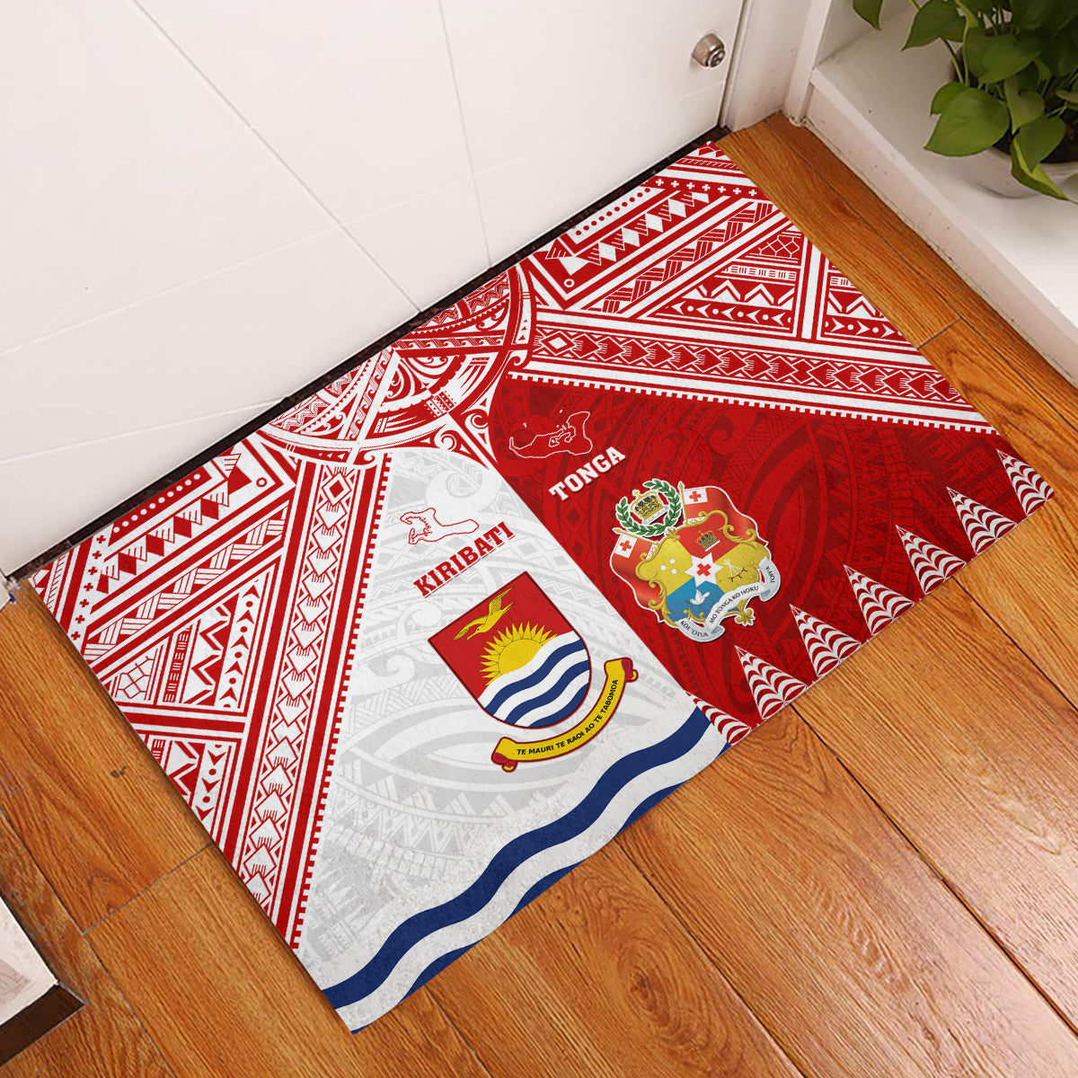 Tonga And Kiribati Rubber Doormat Coat Of Arms Polynesian Pattern LT05 Red - Polynesian Pride