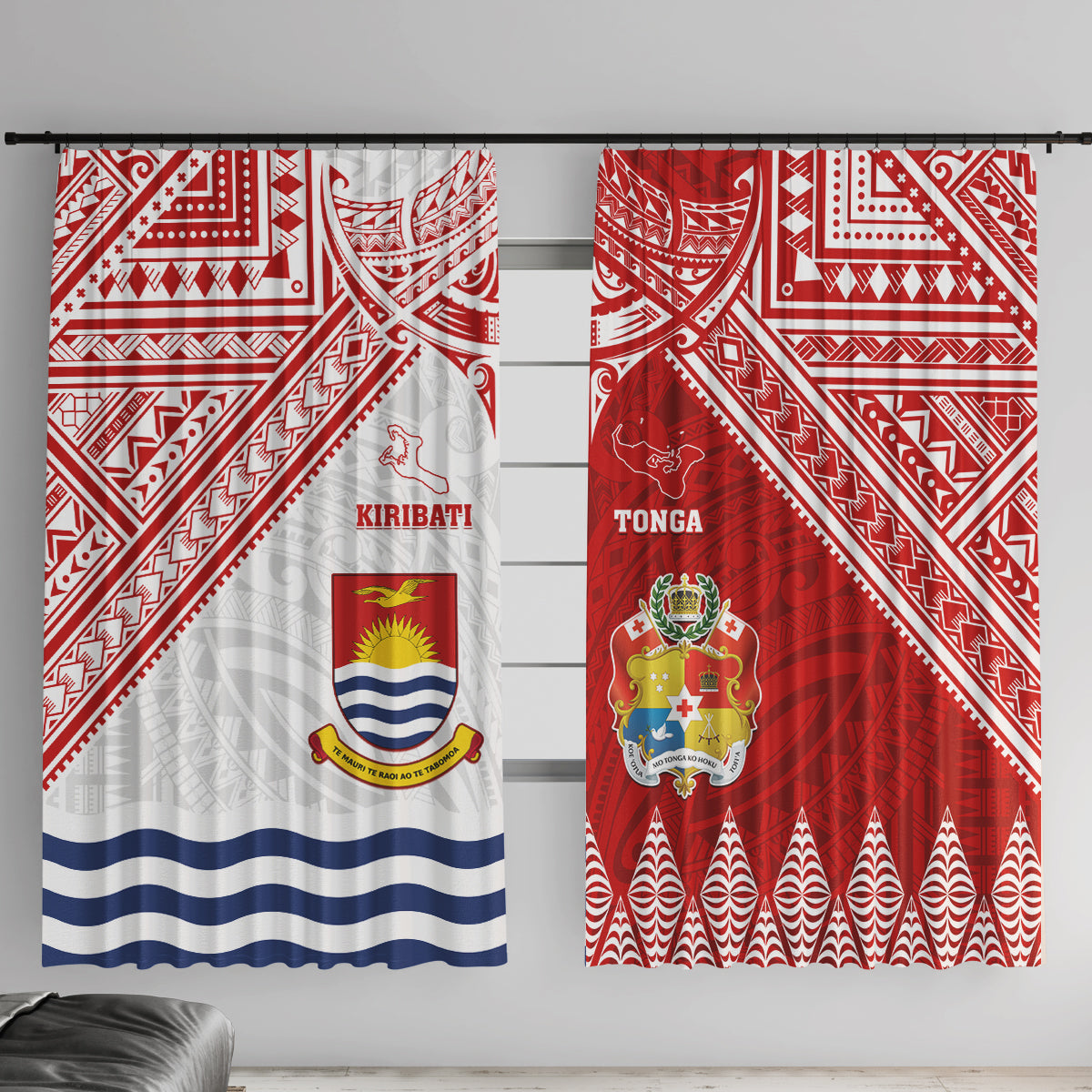 Tonga And Kiribati Window Curtain Coat Of Arms Polynesian Pattern LT05 With Hooks Red - Polynesian Pride