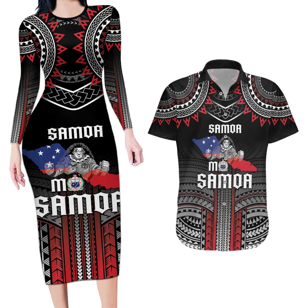 Personalised Samoa Black Saturday Couples Matching Long Sleeve Bodycon Dress and Hawaiian Shirt Samoan Warrior Tribal Pattern