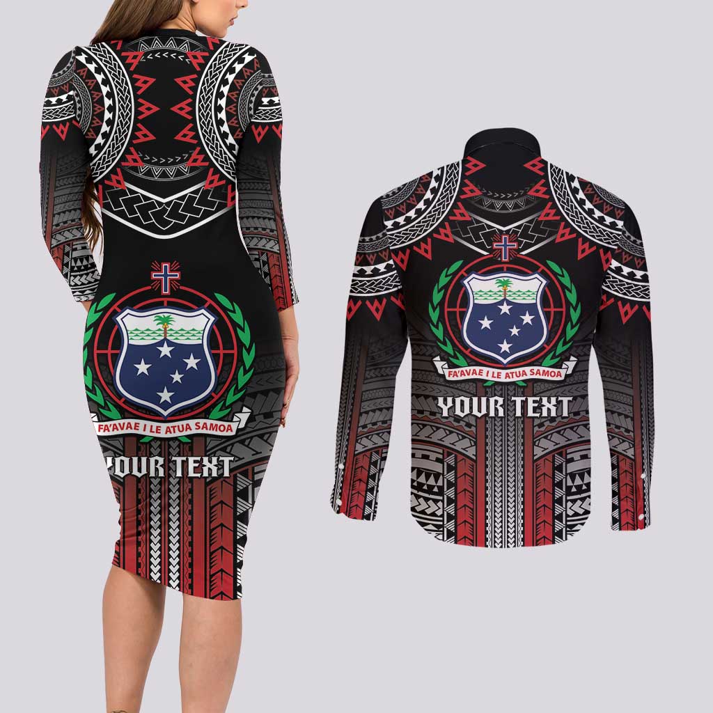 Personalised Samoa Black Saturday Couples Matching Long Sleeve Bodycon Dress and Long Sleeve Button Shirt Samoan Warrior Tribal Pattern