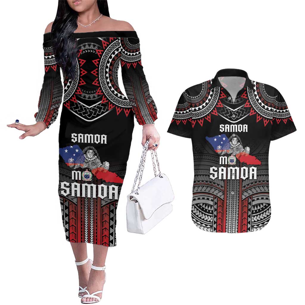 Personalised Samoa Black Saturday Couples Matching Off The Shoulder Long Sleeve Dress and Hawaiian Shirt Samoan Warrior Tribal Pattern