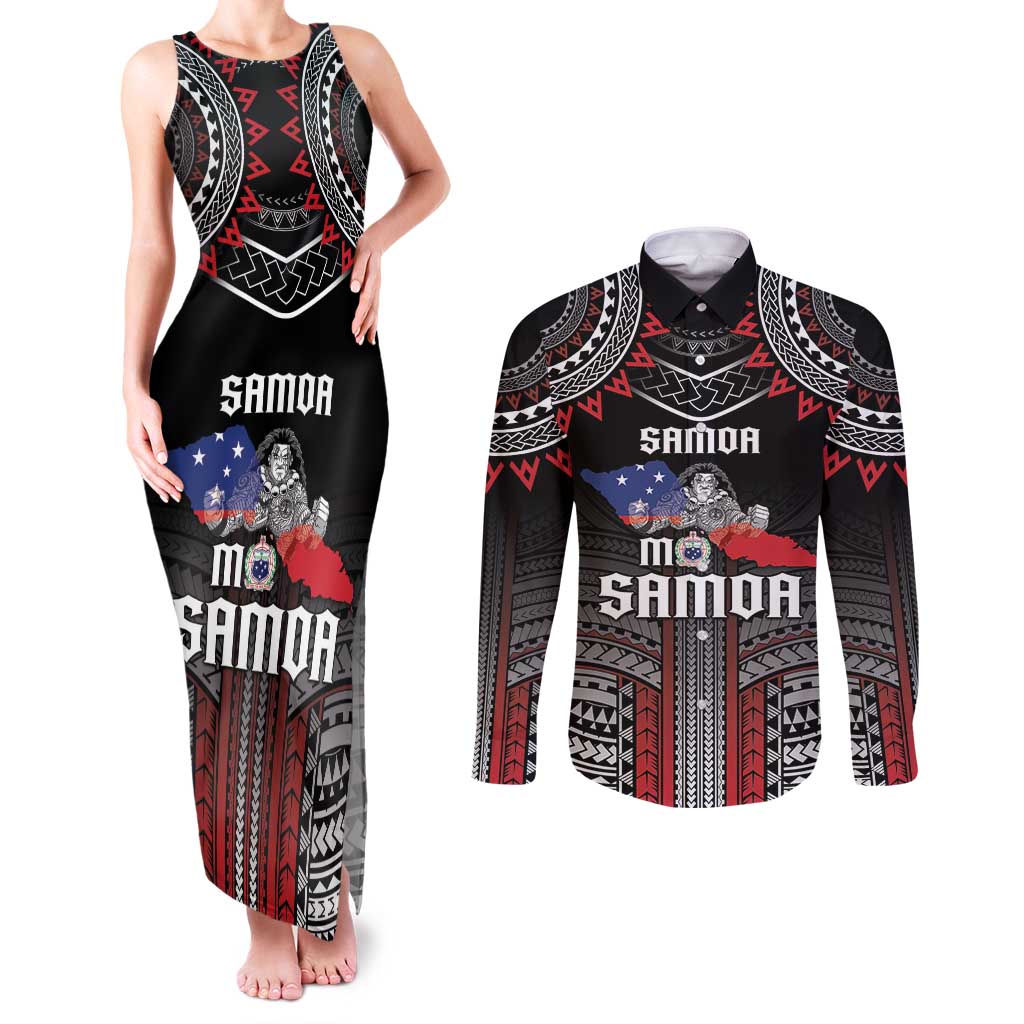 Personalised Samoa Black Saturday Couples Matching Tank Maxi Dress and Long Sleeve Button Shirt Samoan Warrior Tribal Pattern