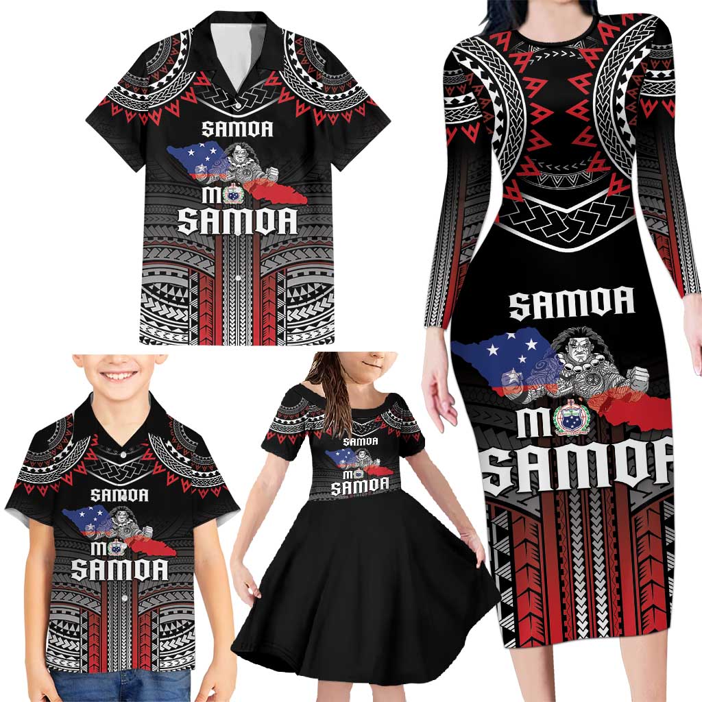 Personalised Samoa Black Saturday Family Matching Long Sleeve Bodycon Dress and Hawaiian Shirt Samoan Warrior Tribal Pattern