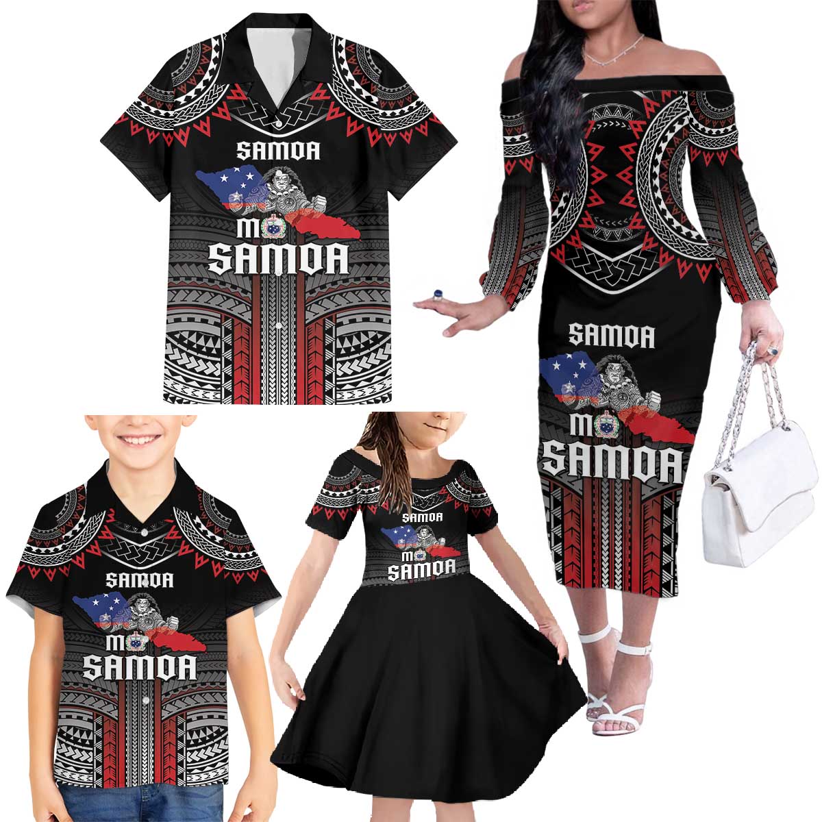 Personalised Samoa Black Saturday Family Matching Off The Shoulder Long Sleeve Dress and Hawaiian Shirt Samoan Warrior Tribal Pattern