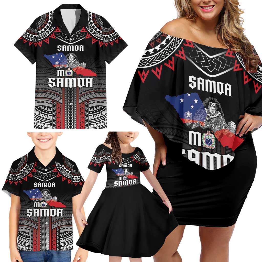 Personalised Samoa Black Saturday Family Matching Off Shoulder Short Dress and Hawaiian Shirt Samoan Warrior Tribal Pattern