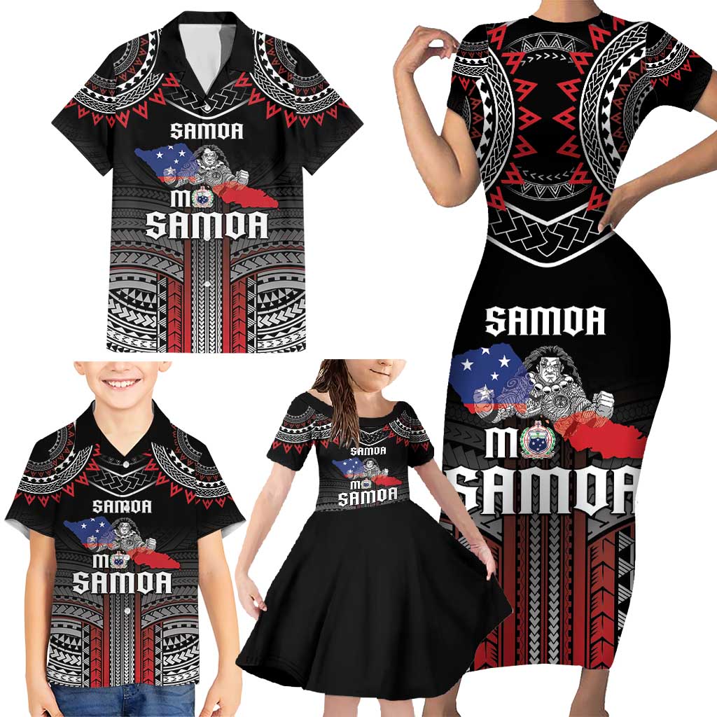 Personalised Samoa Black Saturday Family Matching Short Sleeve Bodycon Dress and Hawaiian Shirt Samoan Warrior Tribal Pattern