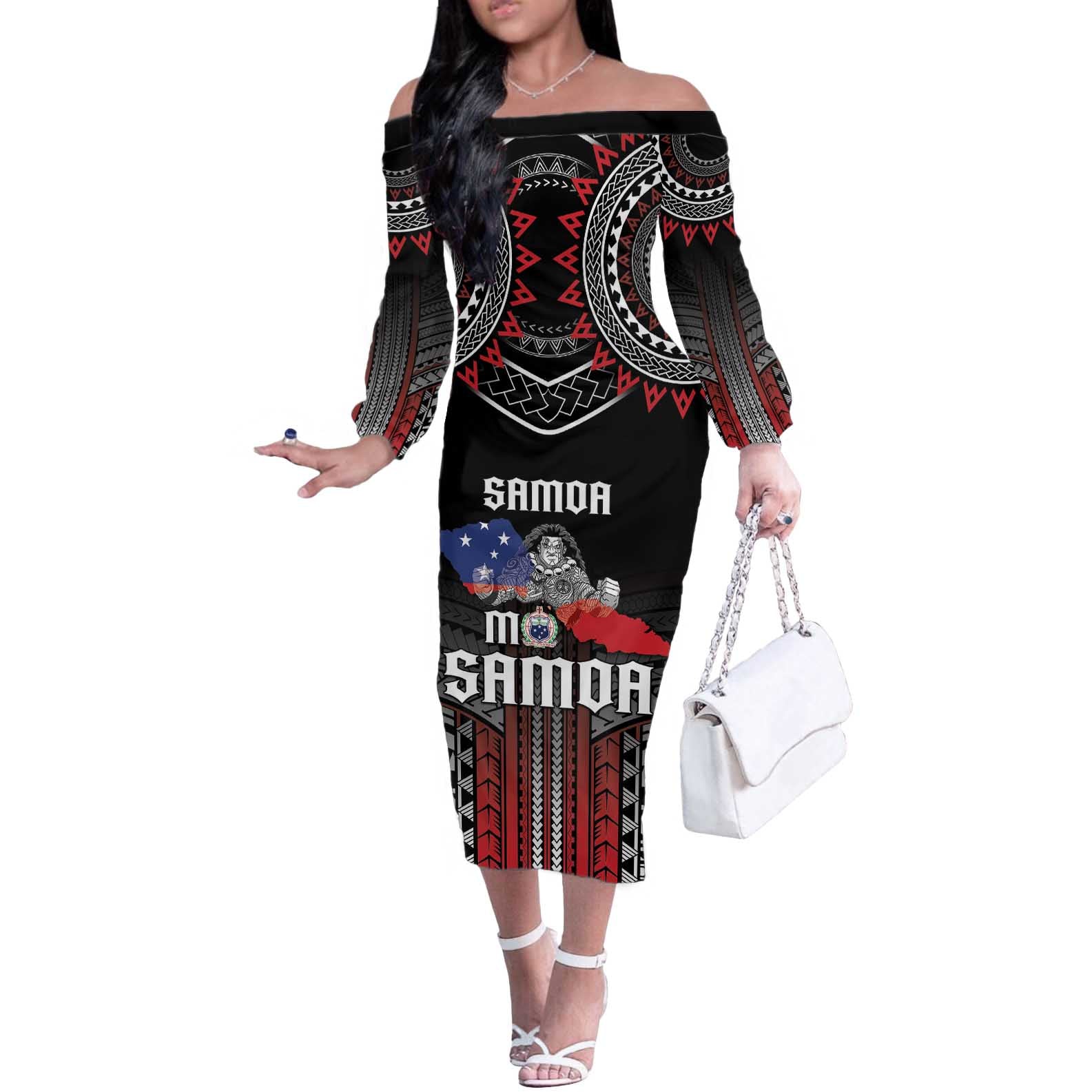 Personalised Samoa Black Saturday Off The Shoulder Long Sleeve Dress Samoan Warrior Tribal Pattern