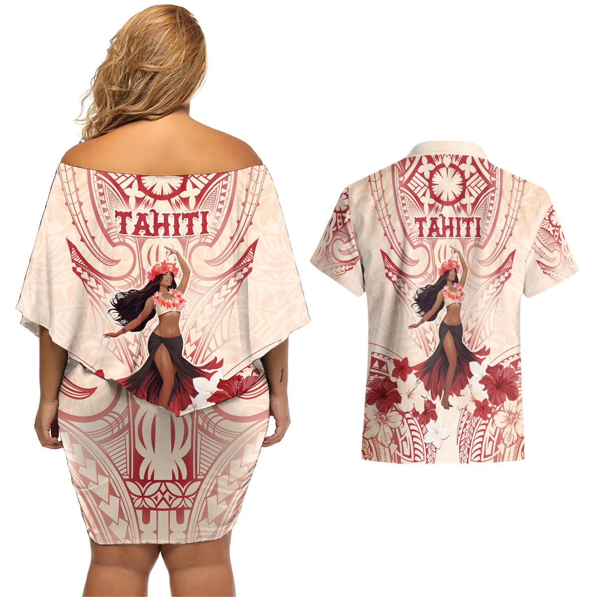 Tahiti Women's Day Couples Matching Off Shoulder Short Dress and Hawaiian Shirt With Polynesian Pattern LT05 - Polynesian Pride