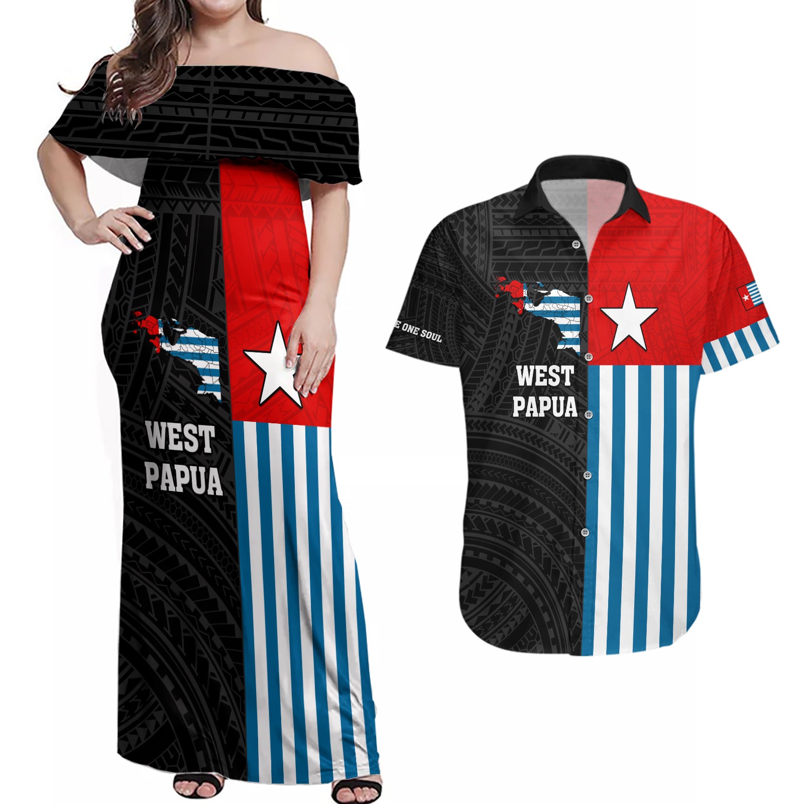 Personalised West Papua Couples Matching Off Shoulder Maxi Dress and Hawaiian Shirt Polynesian Pattern With Coat Of Arms LT05 Blue - Polynesian Pride