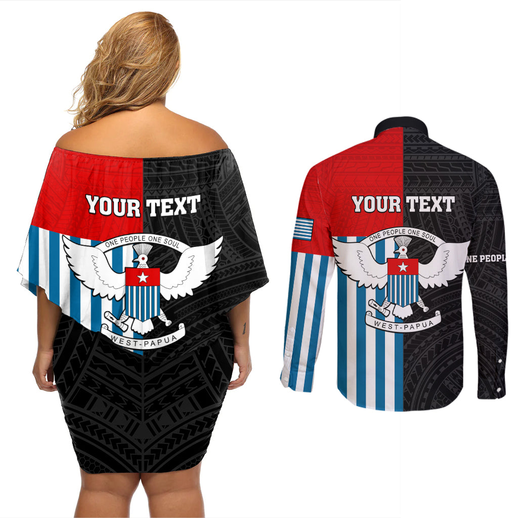 Personalised West Papua Couples Matching Off Shoulder Short Dress and Long Sleeve Button Shirt Polynesian Pattern With Coat Of Arms LT05 - Polynesian Pride
