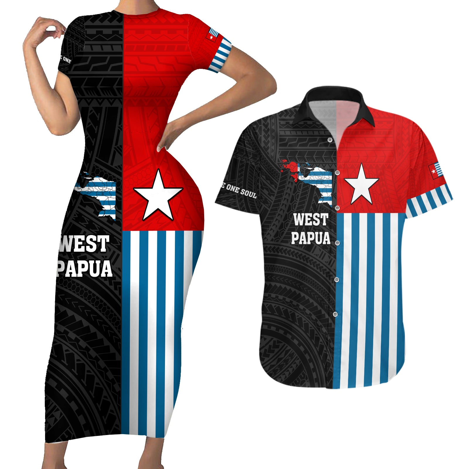 Personalised West Papua Couples Matching Short Sleeve Bodycon Dress and Hawaiian Shirt Polynesian Pattern With Coat Of Arms LT05 Blue - Polynesian Pride