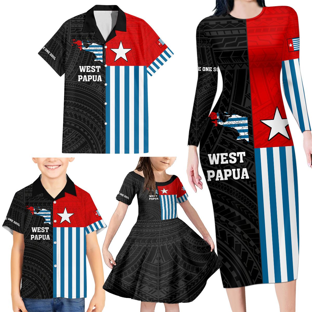 Personalised West Papua Family Matching Long Sleeve Bodycon Dress and Hawaiian Shirt Polynesian Pattern With Coat Of Arms LT05 - Polynesian Pride