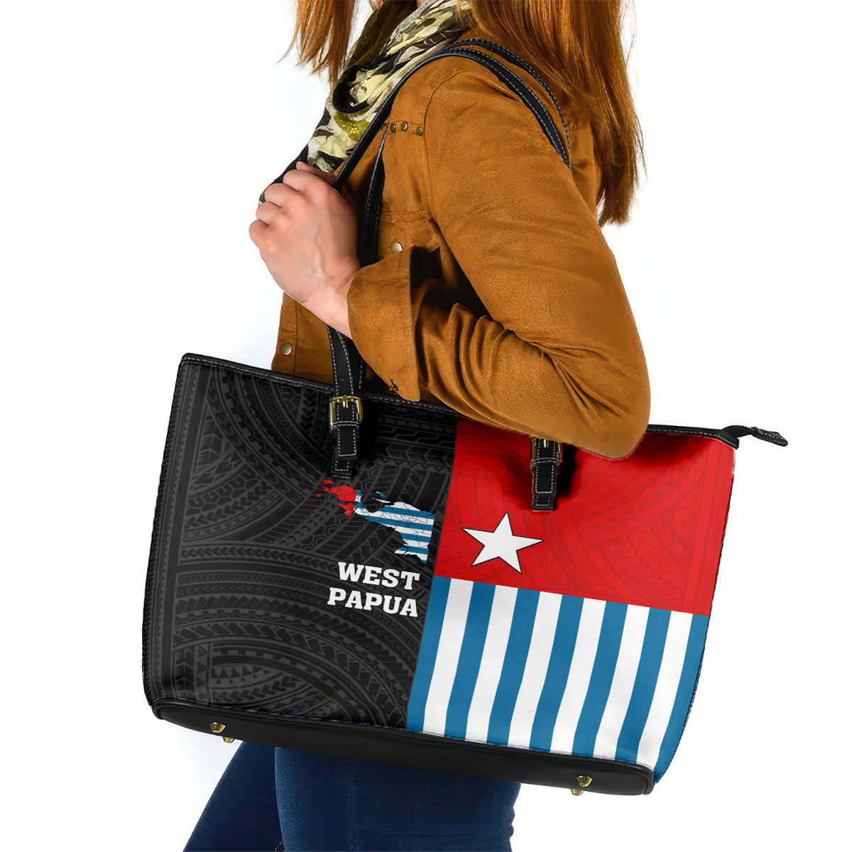 West Papua Leather Tote Bag Polynesian Pattern With Coat Of Arms LT05 Blue - Polynesian Pride